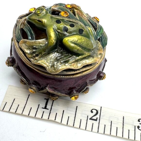 Frog Jeweled Trinket Box Burgundy Hinged Lid Yellow Gem Accents Magnetic - Picture 3 of 8